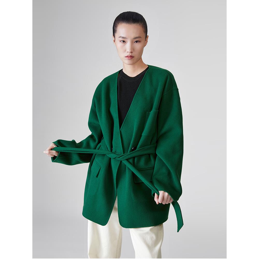 刘刘墨绿色毛呢外套女秋冬短款宽松时尚双面呢V领韩系大衣冬天