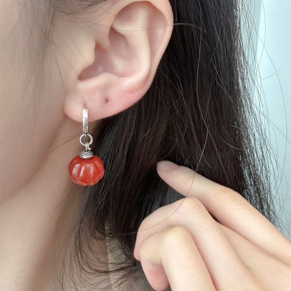 E25169  S925银红玛瑙瓜珠耳环复古新中式耳环红色耳扣新中式百搭
