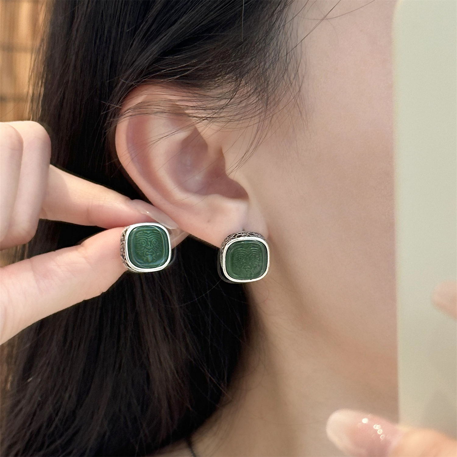 925银耳饰 E25347 扎基拉姆耳钉女复古做旧精致耳环女民族新中式