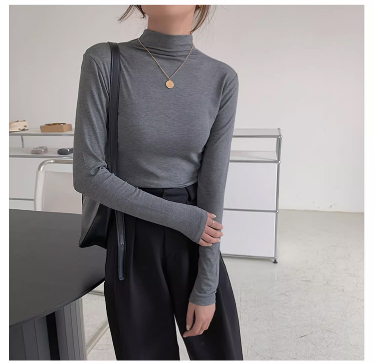 9028半高领打底衫女春秋修身长袖T恤