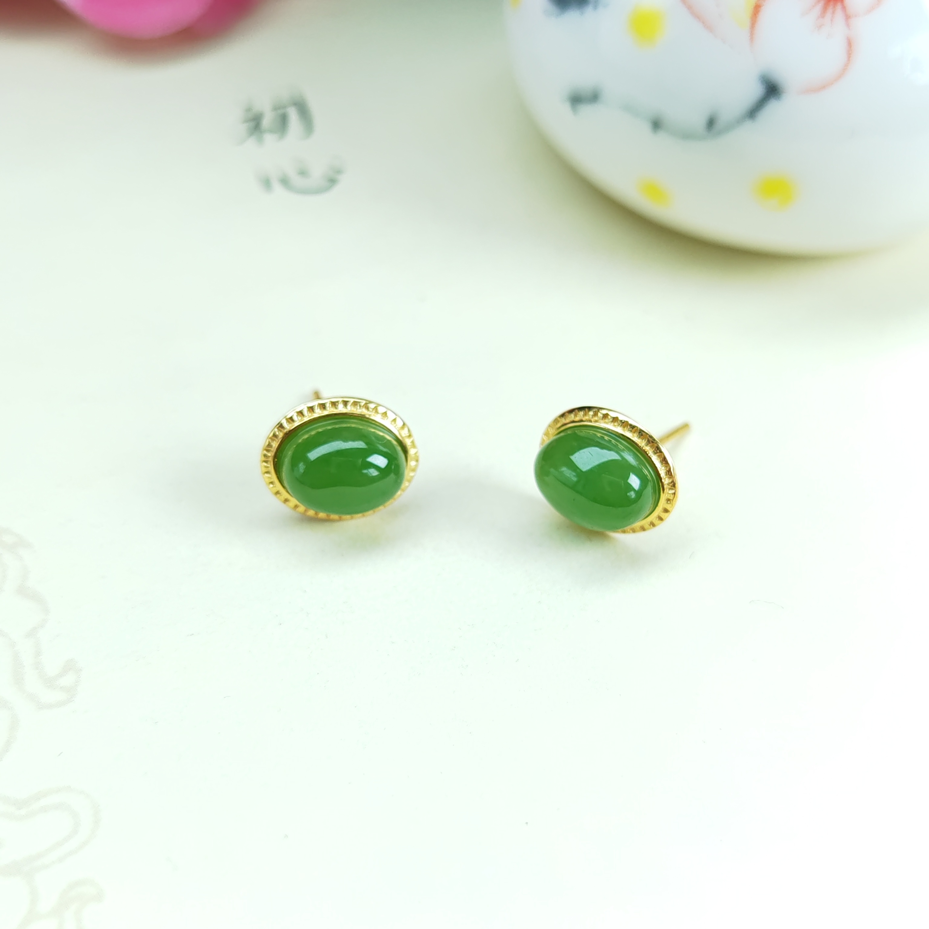 天然和田玉耳饰S925银镶嵌蛋面耳钉10x8.5mm