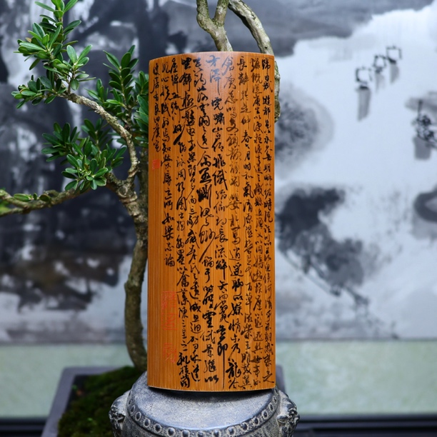 纯手工书写.《归田赋》老楠竹漆器茶则/臂搁/文房摆件