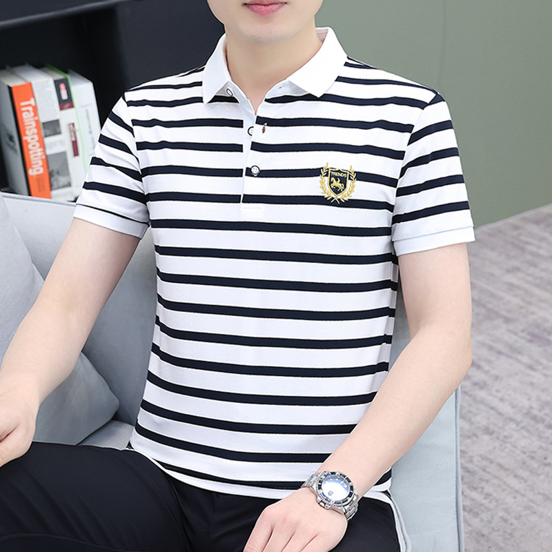 夏季男士短袖polo衫休闲商务翻领t恤男韩版修身百搭条纹打底半袖