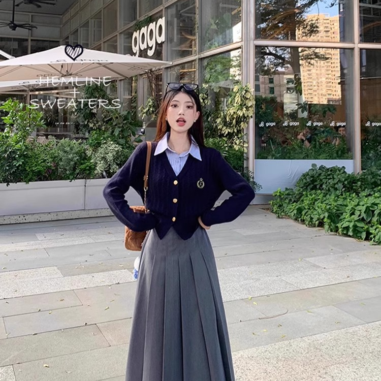 学院风假两件拼接麻花针织毛衣开衫女秋季设计感甜辣短款外套上衣