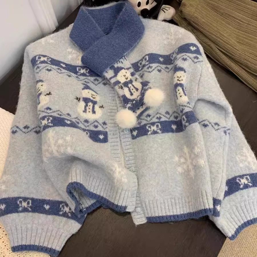 【送围巾】圣诞穿搭费尔岛毛衣开衫女秋冬针织衫外套小个子慵懒风