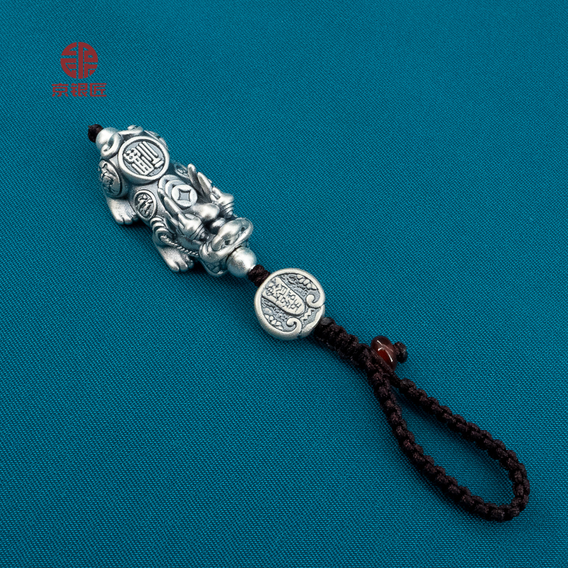 吊坠足银 足银999空心 貔貅福 钥匙扣复古做旧