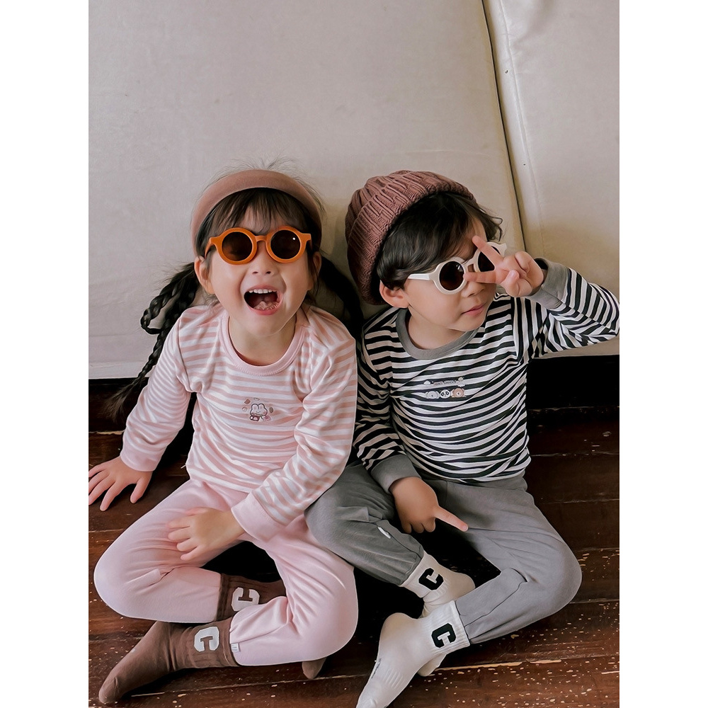 儿童秋冬款德绒内衣套装女宝宝家居服睡衣男宝宝条纹保暖秋衣秋D