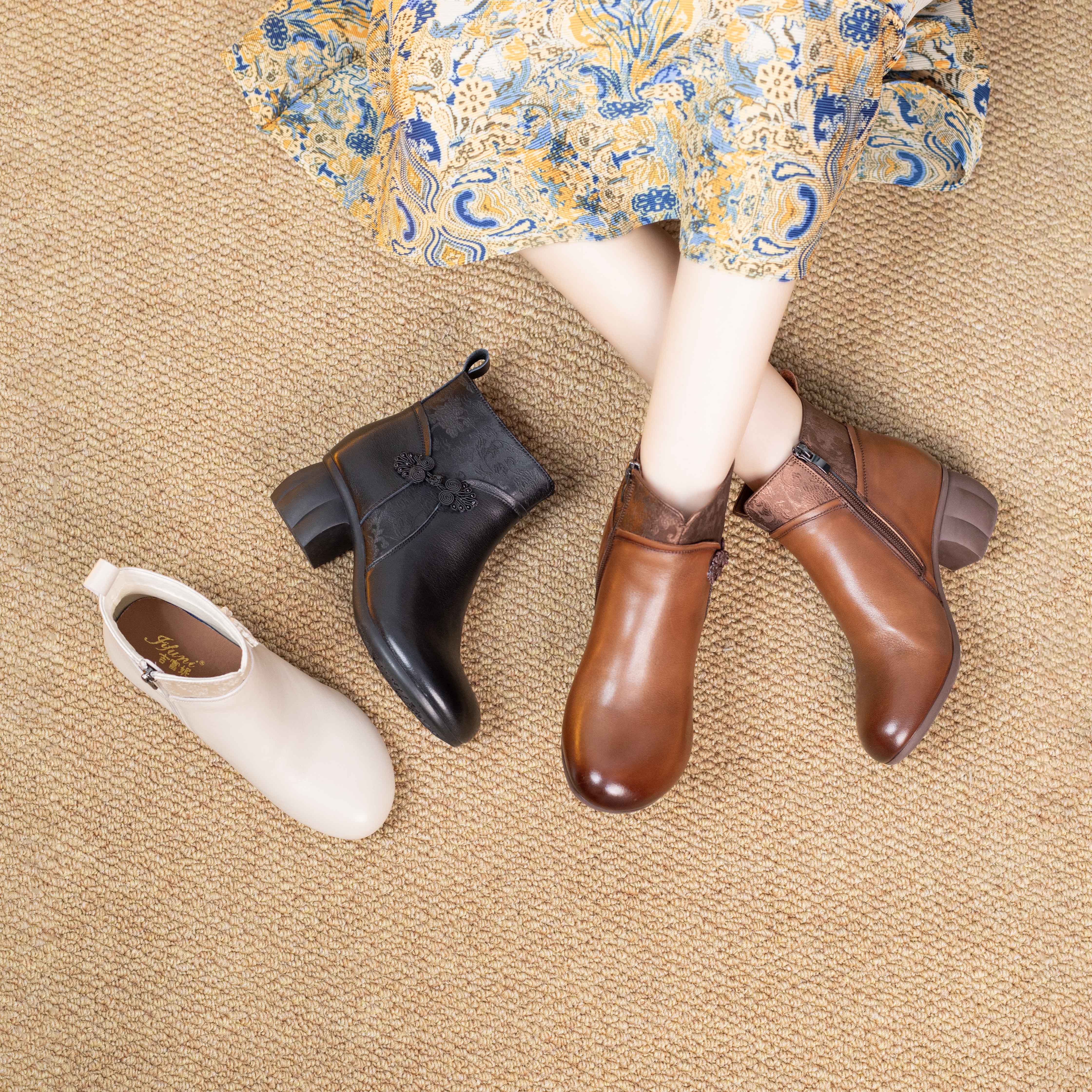 5369秋冬季新款新中式旗袍靴时装靴圆头侧拉链真皮鞋舒适时尚百搭