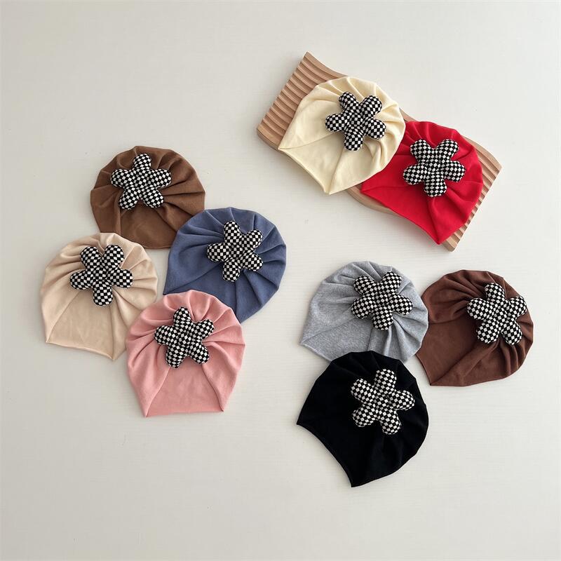 婴儿帽子ins韩版时尚棋盘格花朵卤门帽 男女宝宝百搭洋气防护胎帽