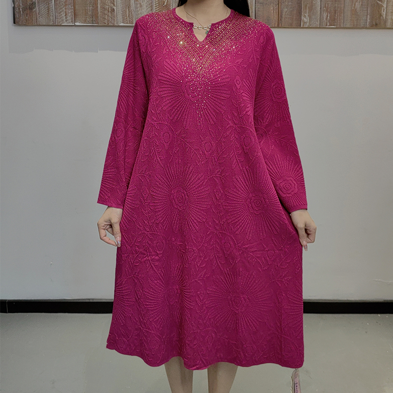 荣澜纯色烫钻秋冬冰丝连衣裙时尚中长款大码女装3831