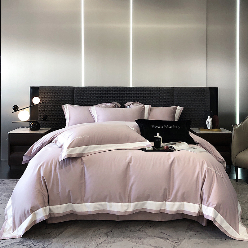 高端刺绣100支长绒棉四件套全棉纯棉被套床单纯色高级感床上用品