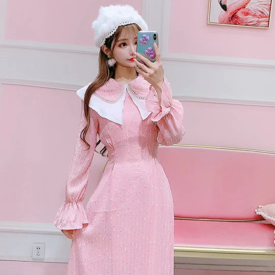 霞霞19279甜美荷叶边连衣裙仙女中长裙长袖时尚收腰裙子