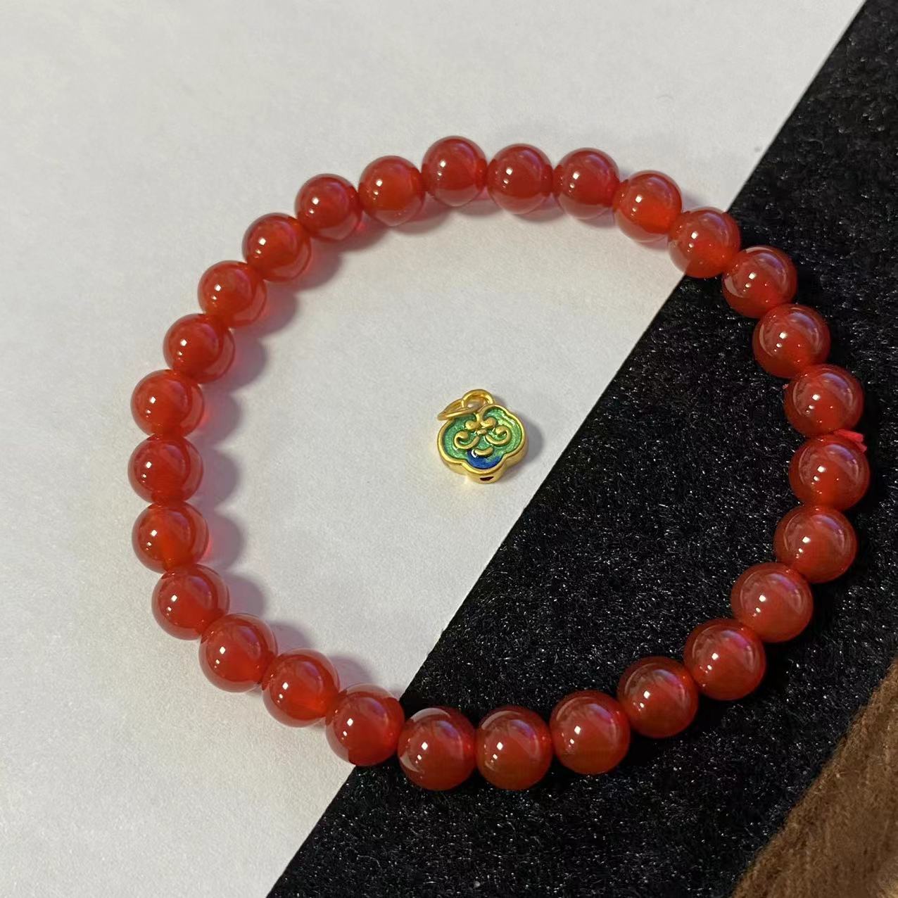 足金999双面烧蓝款祥云如意提溜搭红玛 瑙手串@@A300