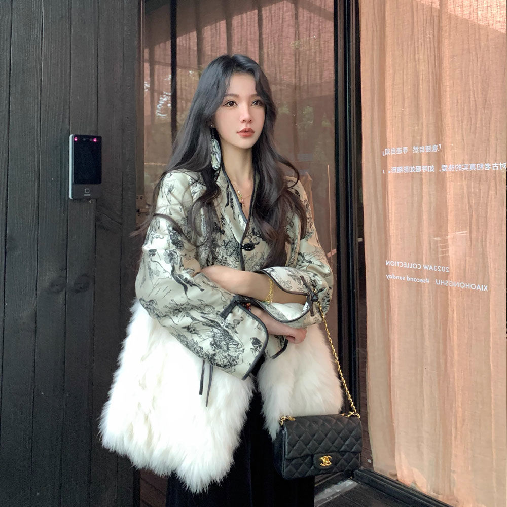 提花刺绣新中式国风2023秋冬新款面包棉服保暖中国风个性名媛印花