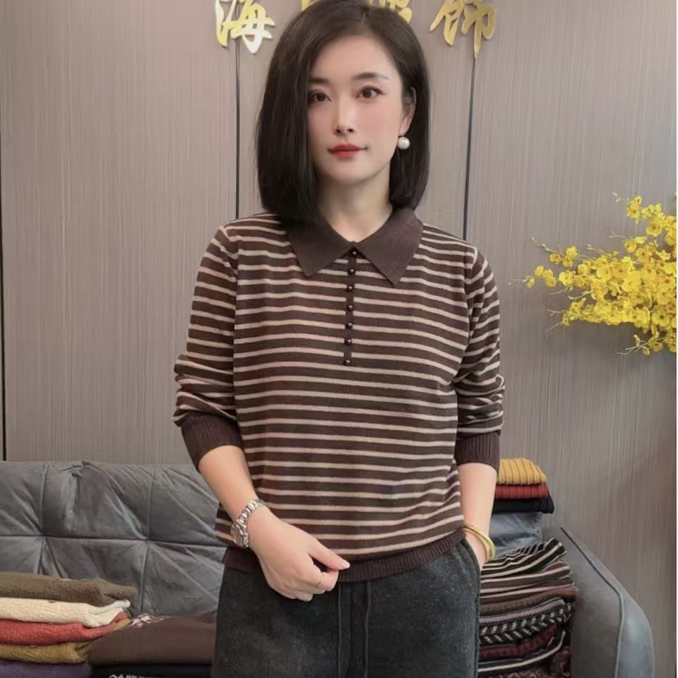 【海片】998休闲时尚女士冬款翻领韩国绒条纹打底衫针织衫宽松百搭