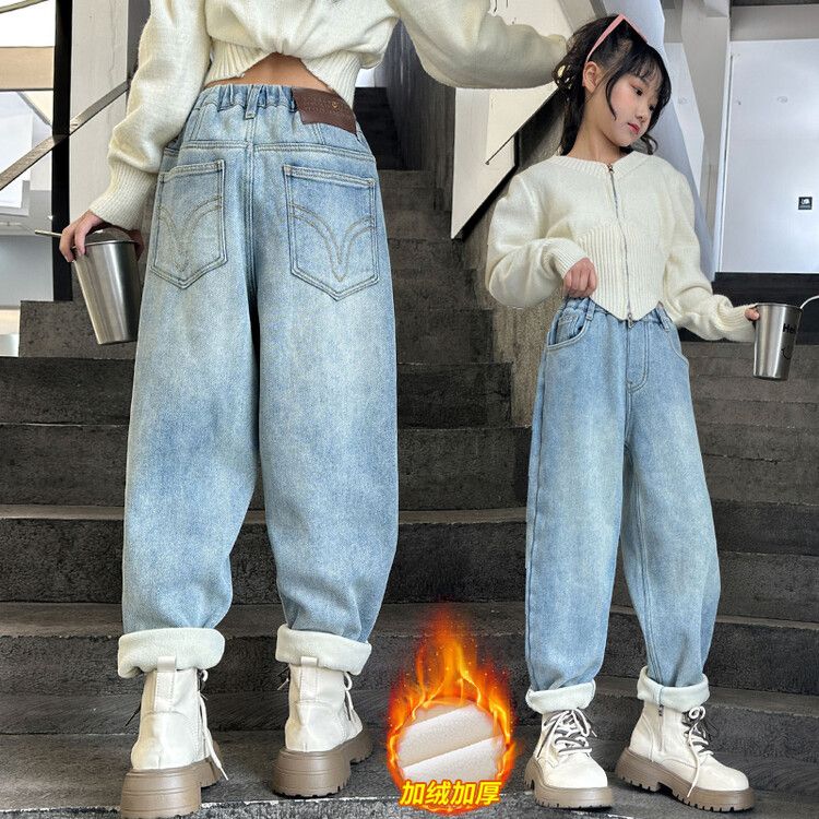 女童加绒裤子2023浅色洋气女大童冬季一体绒加厚老爹裤儿童哈伦裤