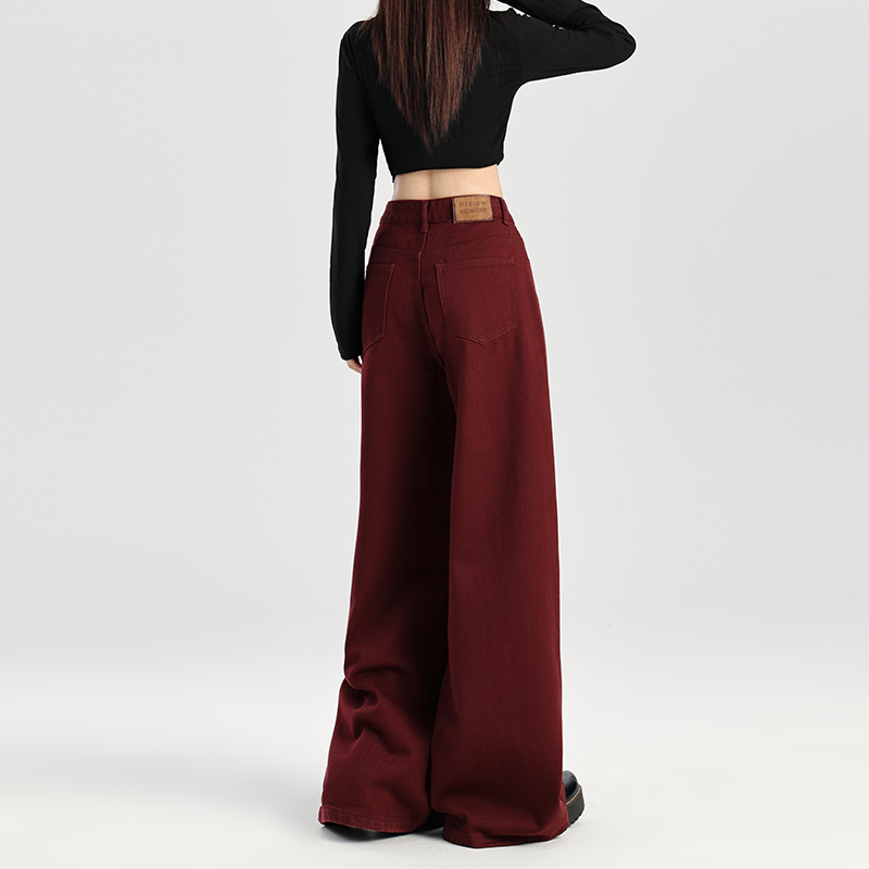 安可拉红宽松阔腿牛仔裤女2024秋季新款小众高腰显瘦直筒拖地长裤