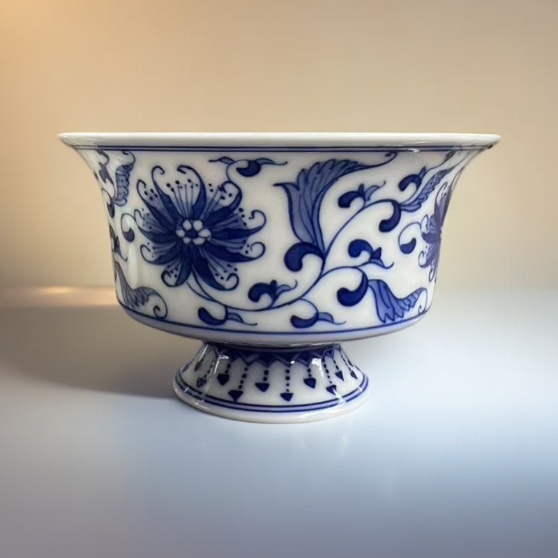 景德镇高温手绘青花高脚凤尾纹主人杯90CC