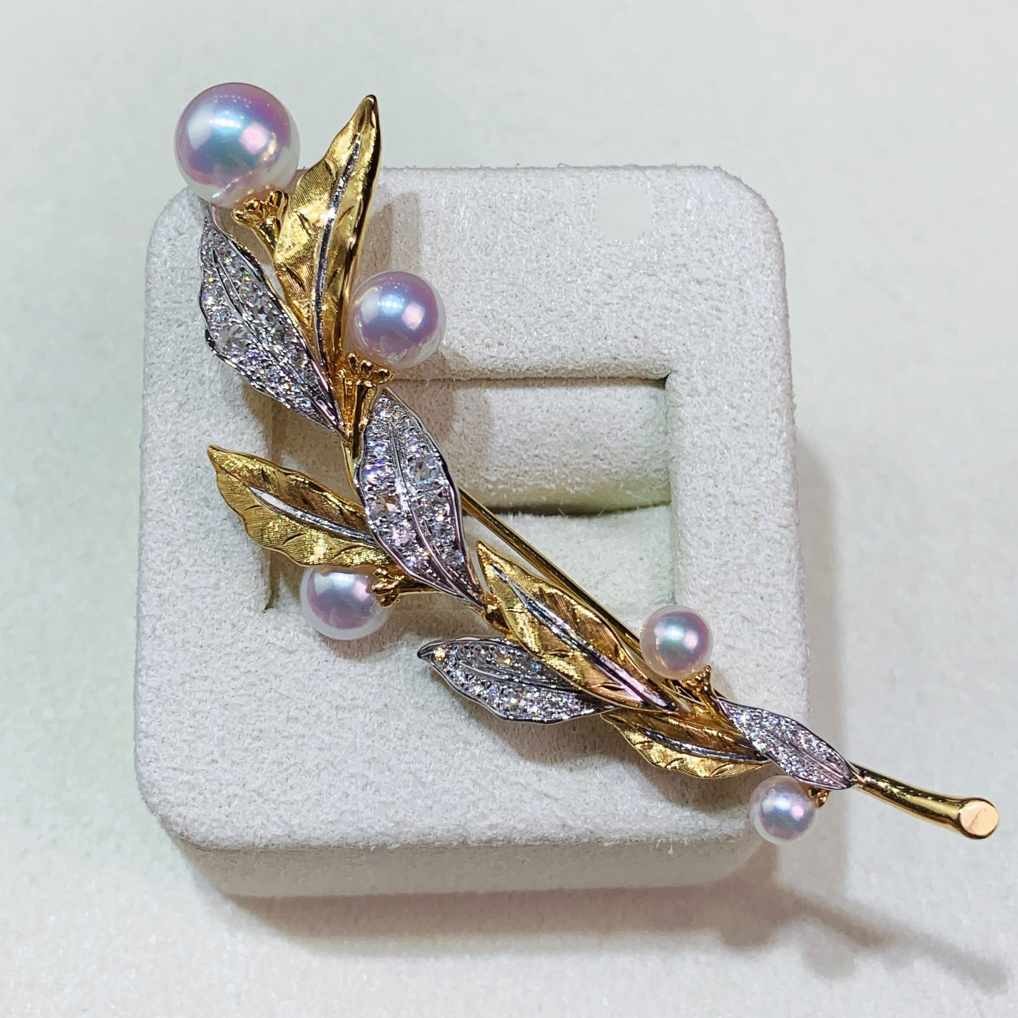 18k金钻石akoya  月桂珍珠胸针 精致