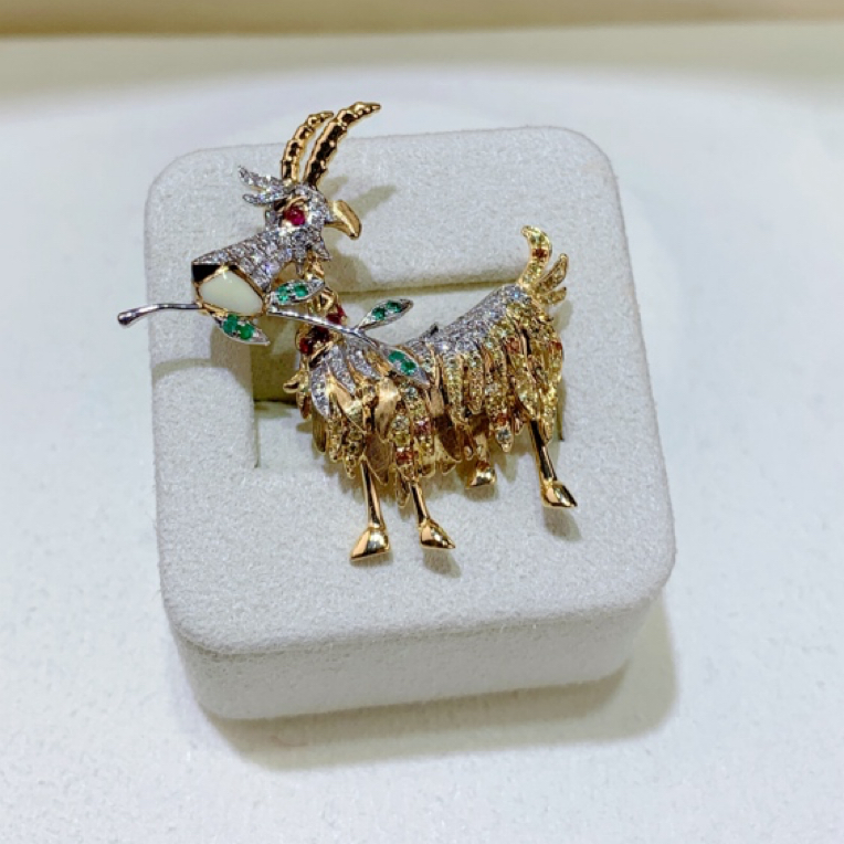 18k金钻石宝石小山羊胸针 吊坠两戴