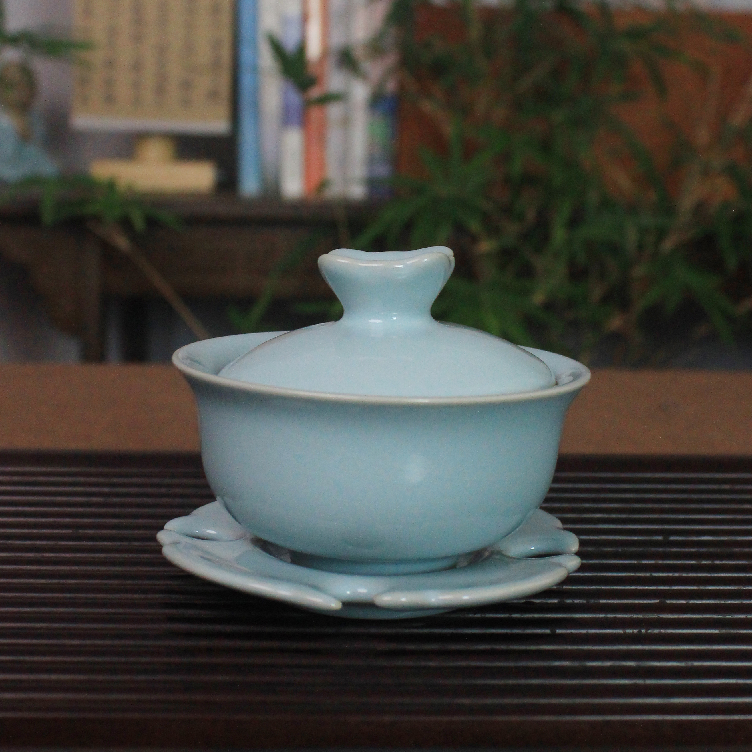 汝瓷天青釉三才元宝花口盏托盖碗 支钉烧130cc 省工郭留江老师