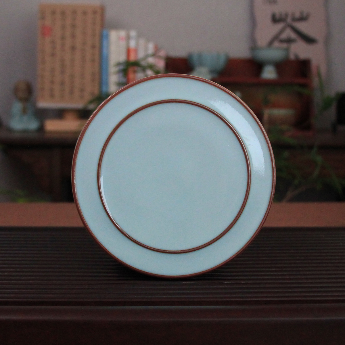 汝瓷 天青釉壶承双线草木灰釉描边 可当杯垫盖置 直径13-14cm