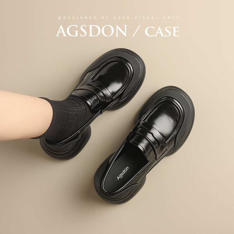 奥古狮登厚底增高英伦复古黑色小皮鞋女2024新款一脚蹬懒人乐福鞋