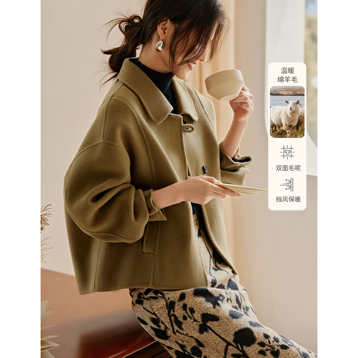 XWI/欣未小A型翻领毛百搭短款毛呢大衣冬新款手工双面呢羊毛大衣