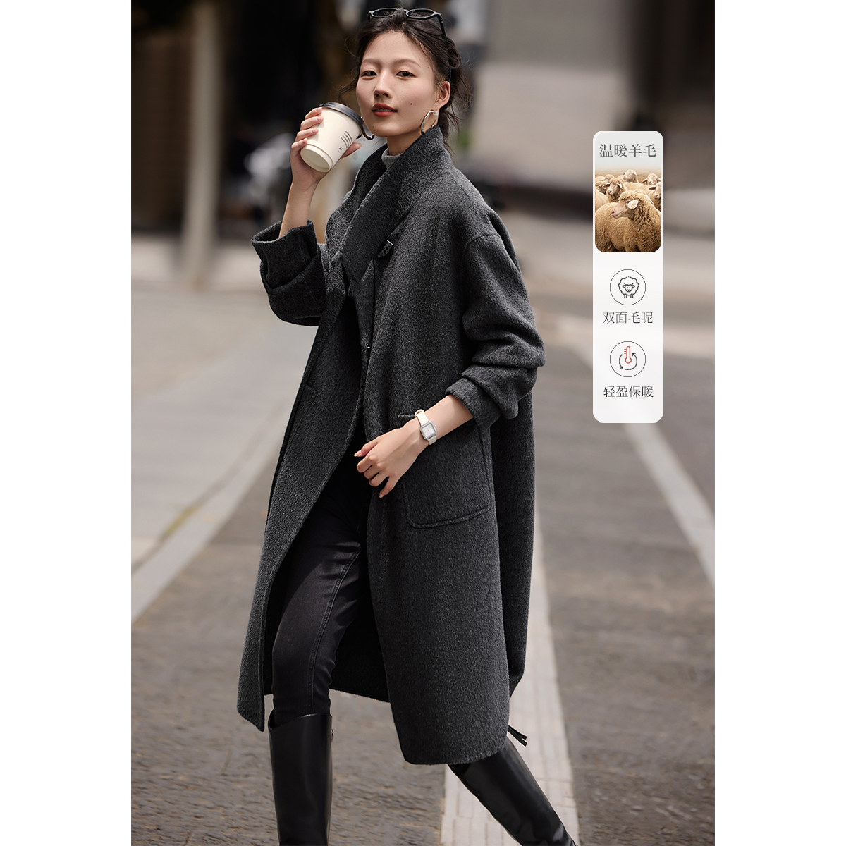 XWI/欣未优雅气质围巾领毛呢大衣24冬季新款时尚长款双面呢大衣女