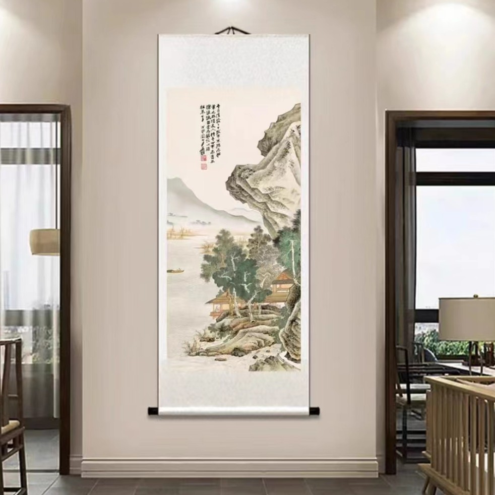 张大千《沧浪渔笛图》挂画，卷轴装饰画，画心尺寸46×98cm