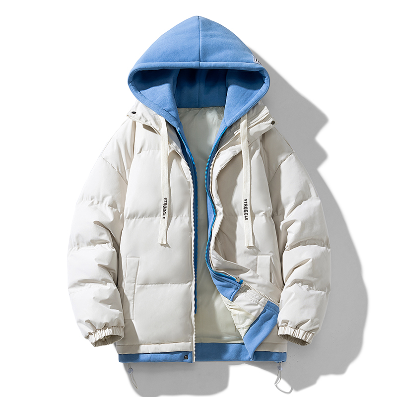 棉服男假两件连帽潮牌加厚防风保暖款式棉衣面包服情侣外套女冬装