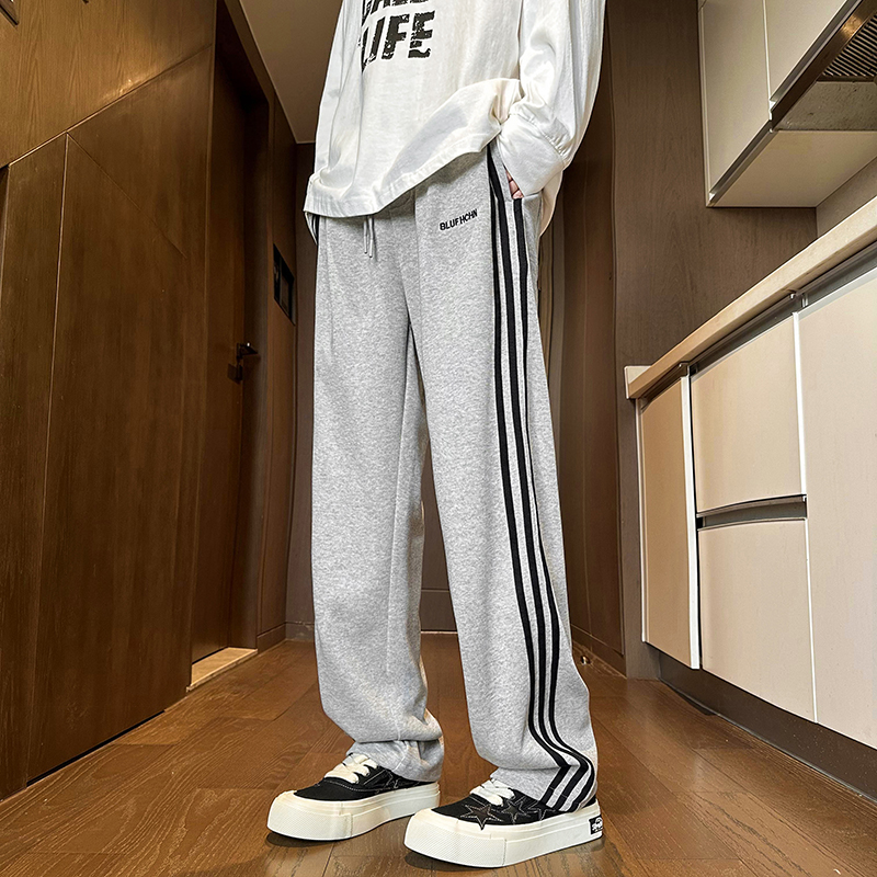 美式重磅条纹灰色卫裤男生裤子秋冬款直筒篮球运动休闲长裤高街潮