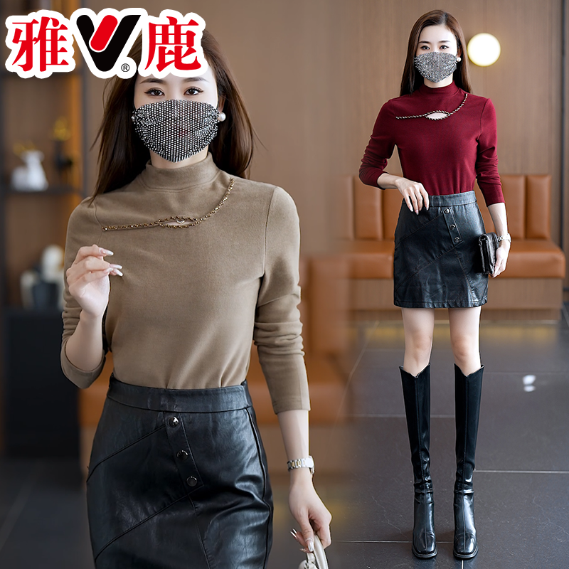 V/雅鹿正品打底衫女2023秋冬新款时尚磨毛设计保暖半高领T恤上衣