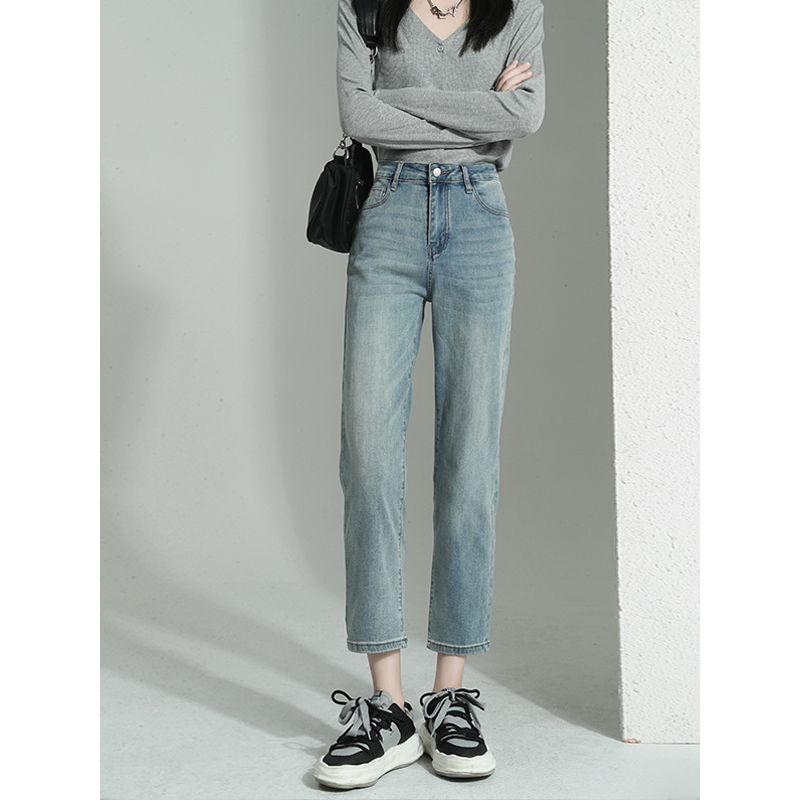 直筒牛仔裤女秋冬季高腰宽松显瘦2023年新款小个子九分窄版烟管裤