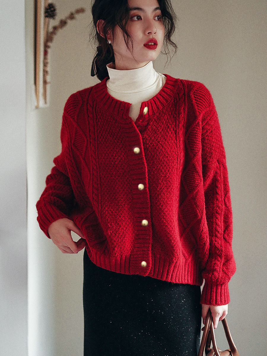 法式小众复古麻花针织开衫女宽松森系文艺风优雅酒红色毛衣外套秋