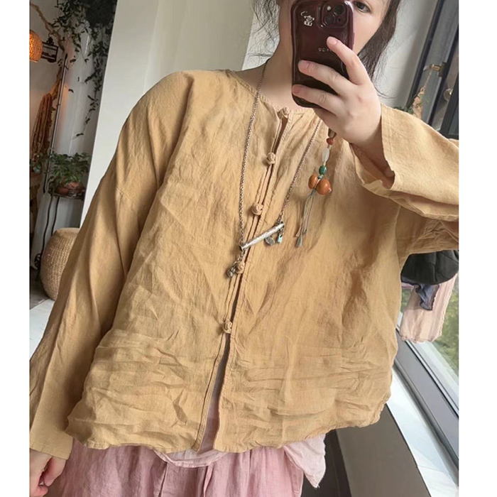 小秋自制砂洗亚麻盘扣田园风春秋国风休闲短外套衣长59胸围130