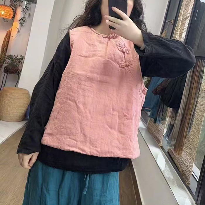 1112 冬款砂洗亚麻夹棉手工盘扣文艺复古马甲 胸围122 衣长61