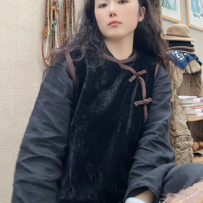 小秋自制 立体印花丝绒加棉国风盘扣冬季马夹背心 109胸122衣长60