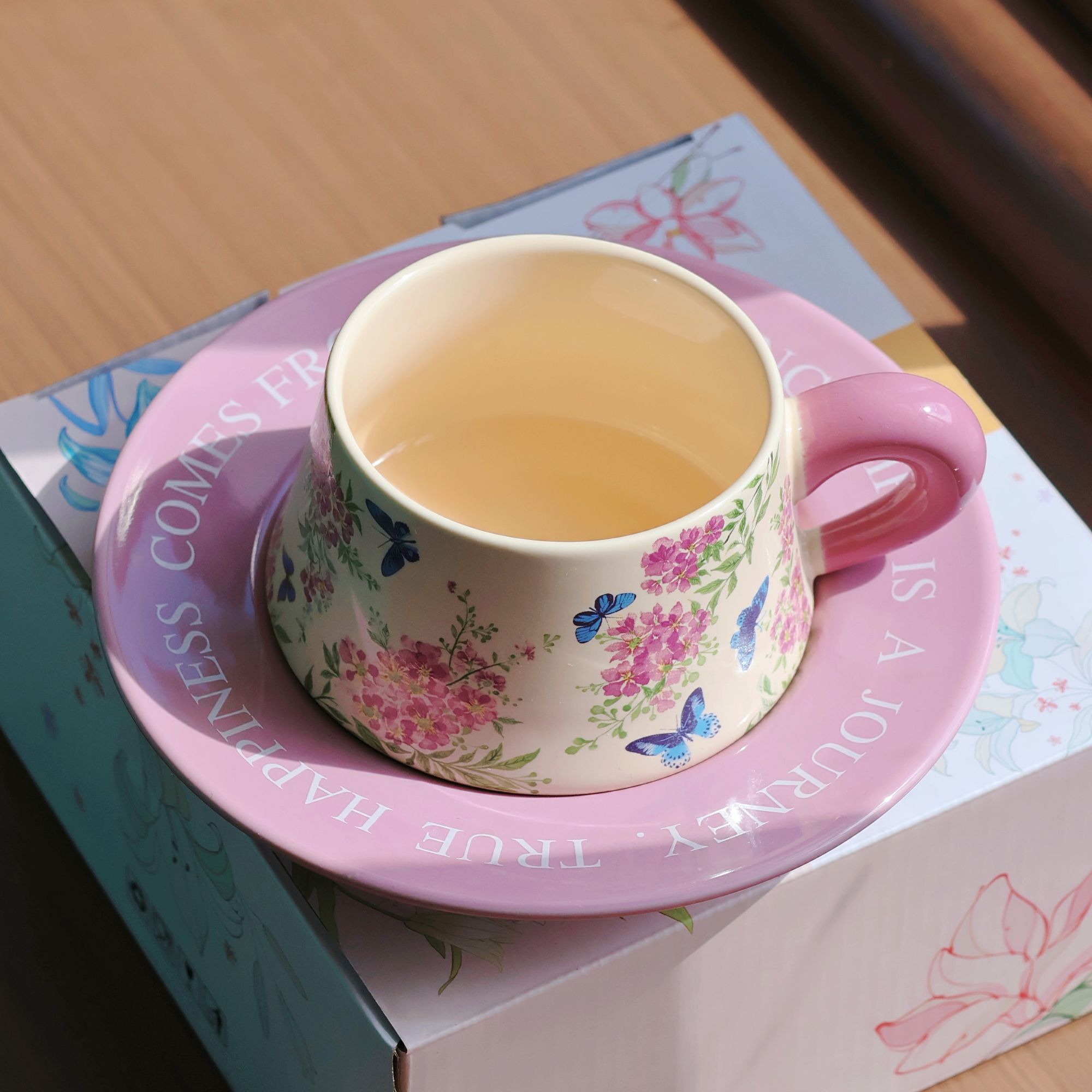 紫色紫薇花咖啡杯碟复古风水彩画中古礼品套装鸢尾花咖啡杯碟套装