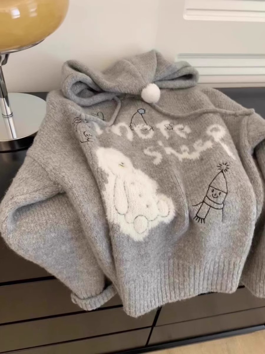 慵懒风灰色卡通连帽毛衣女秋冬外穿韩版宽松小个子外穿针织上衣