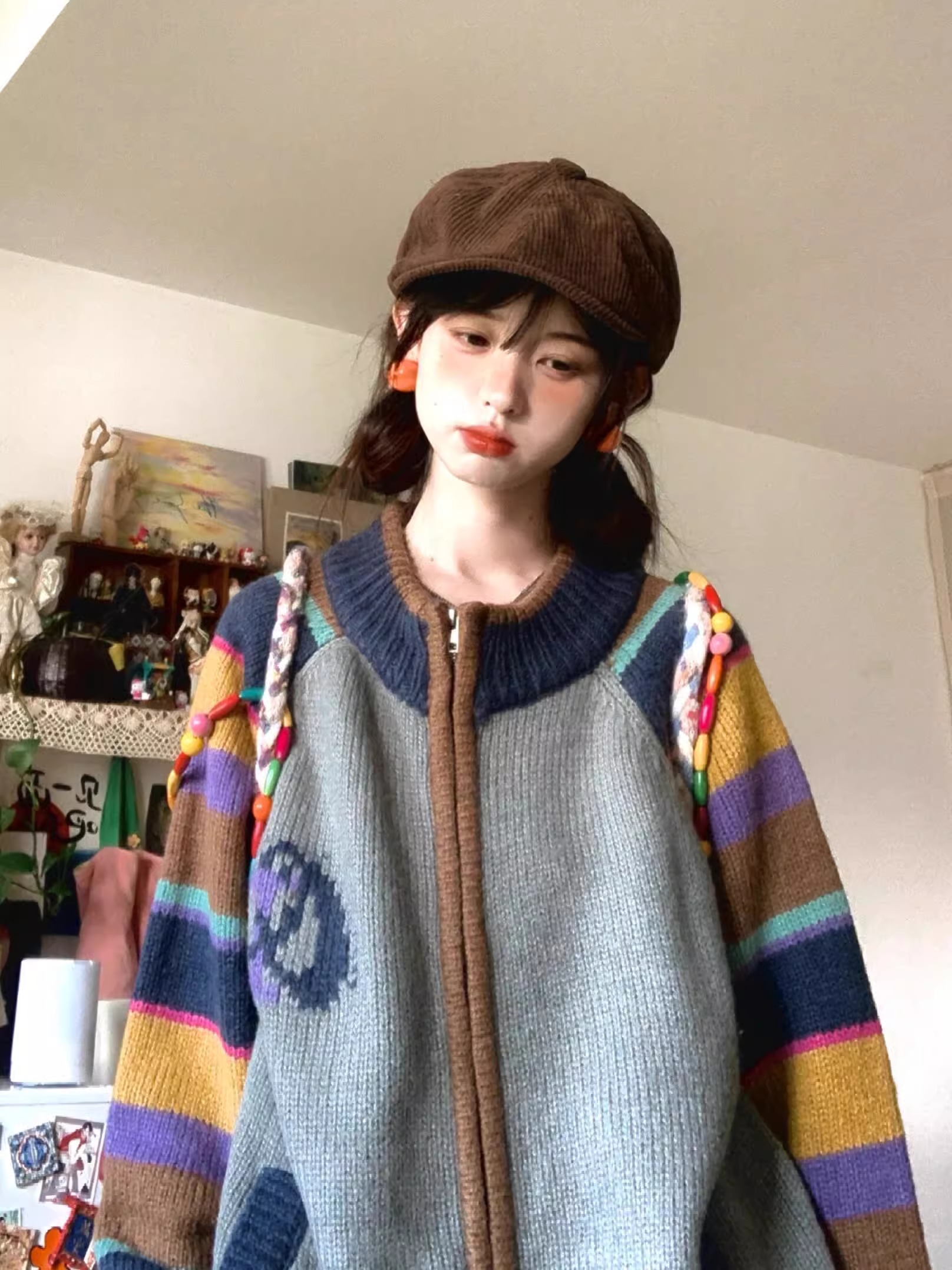 美式复古撞色条纹毛衣女秋冬新款针织开衫慵懒设计感拉链宽松外套