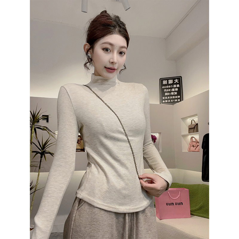 ZUIMEI秋冬新款加绒设计感时尚半高领T恤女打底衫修身显瘦上衣