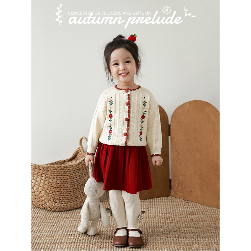 幼悠女童春秋季时尚百搭儿童洋气复古针织杏色开衫女宝毛衣 Q3898