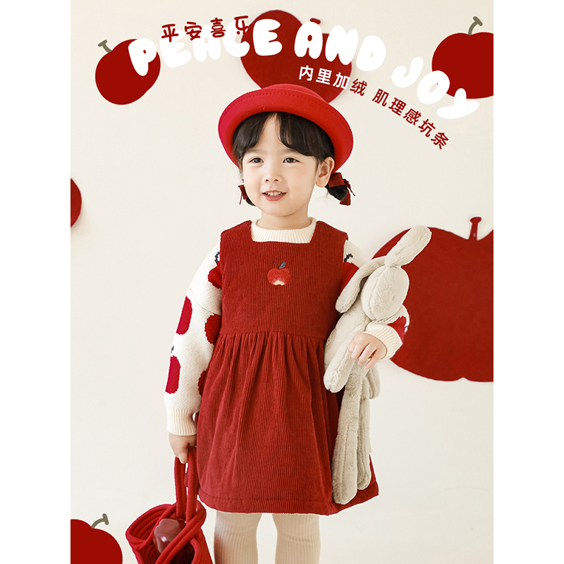 YOEHYAUL/幼悠红苹果背带裙加厚保暖冬季女童宝宝背心连衣裙D2723