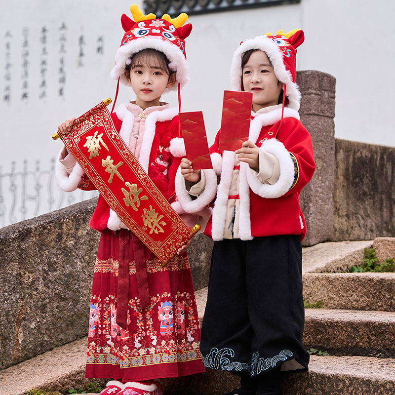 女童拜年服中国风冬款2024过年服儿童年服喜庆宝宝加绒加厚汉服