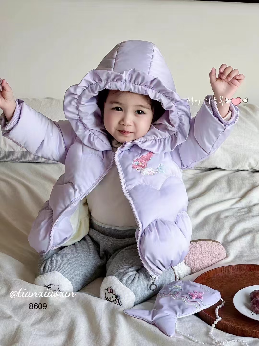 冬天儿童加厚人鱼紫色棉服冬季保暖连帽女童加绒撞色冬款袄子