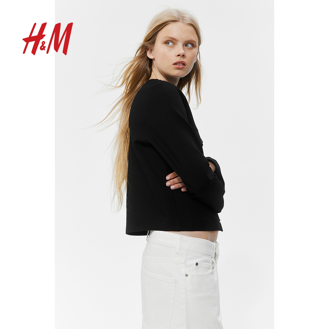 HM女装短外套秋季新款短款圆领重磅汗布纯色空调开衫1236229