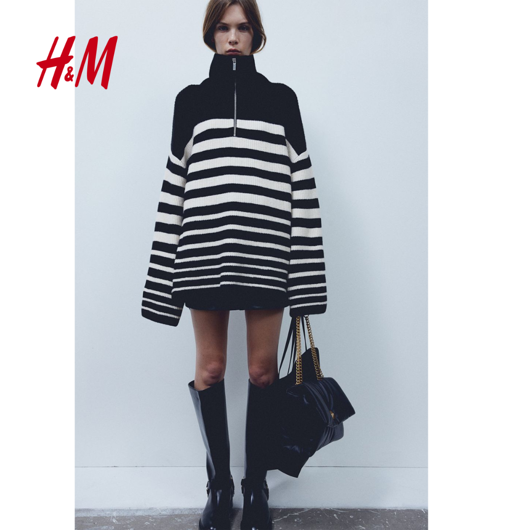 HM女装针织衫秋季休闲风柔软舒适半拉链高领宽松针织套衫1089156