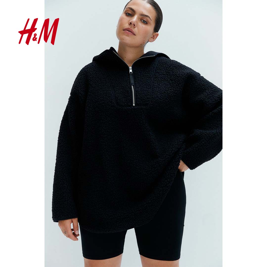 HM女装连帽衫2025秋季新款休闲纯色宽松抓绒百搭长袖卫衣1089839
