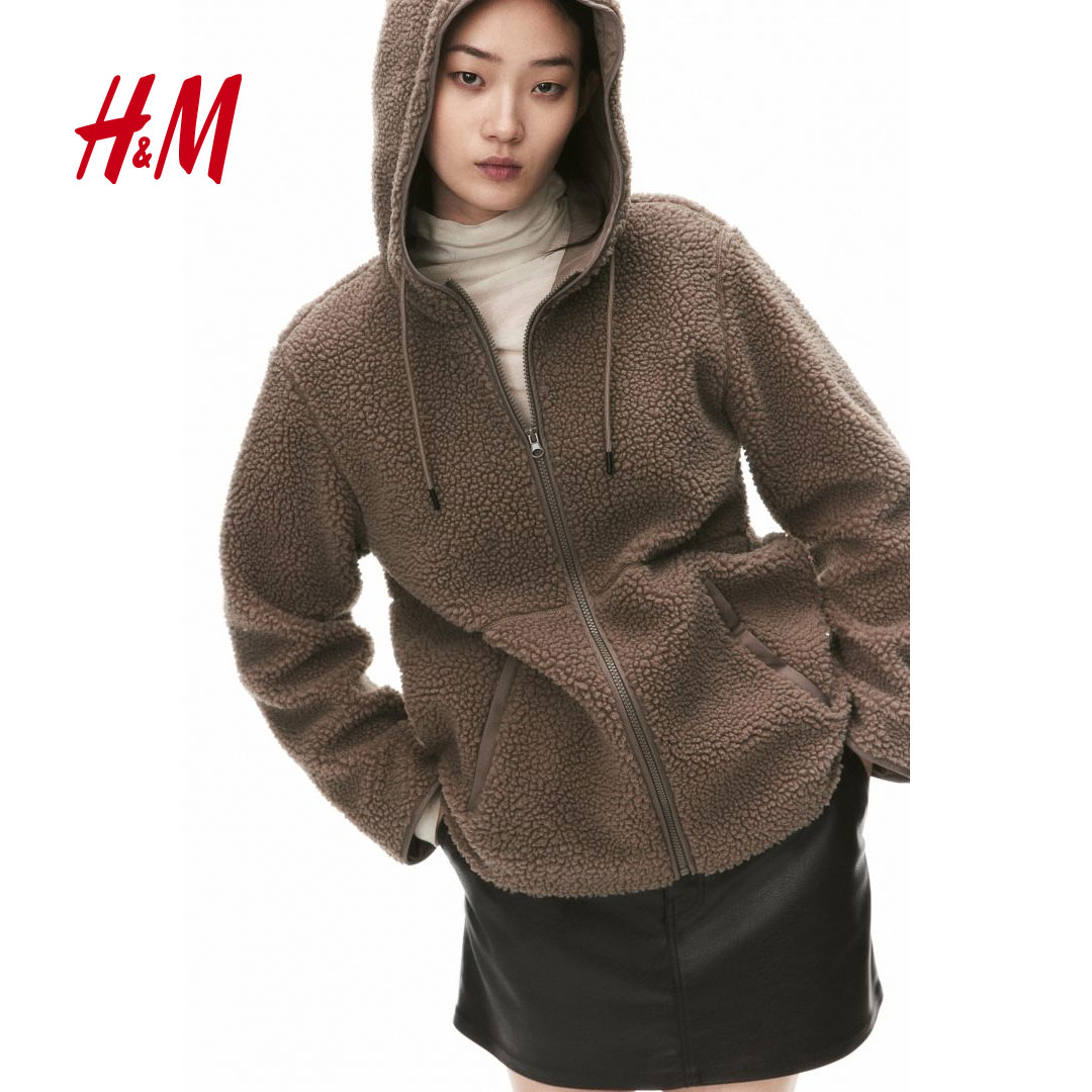 HM女装短外套2025秋季新款柔软泰迪绒立领拉链连帽夹克衫1226824
